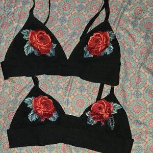 Victoria Secret Pink Embroidered Black Bralette Set with Red Rose Design